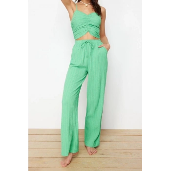 Kadın Moda Şık Regular Uzun Boy Uzun Kollu Yeşil Dokuma Bluz Pantolon Takım