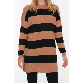 Kadın Moda Şık Tesettür Bisiklet Yaka Düşük Kol Midi Kahverengi Çizgili Triko Kazak