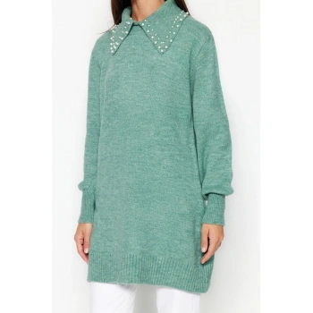 Kadın Moda Şık Tesettür Polo Yaka Balon Kol Midi Bebe Yaka İncili Yumuşak Triko Kazak