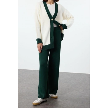 Kadın Moda Şık Geniş Paça Regular Boy Uzun Kollu Şerit Detaylı Hırka-Pantolon Triko Takım