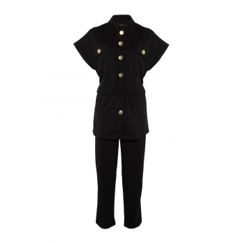 Kadın Moda Şık Boru Paça Uzun Boy Uzun Kollu Altın Düğmeli Yelek-Pantolon Örme Takım