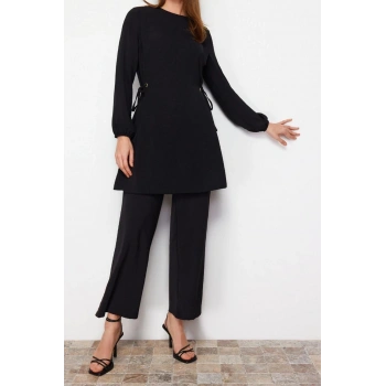 Kadın Moda Şık Geniş Paça Uzun Kollu Kuşgözü Bağlama Detaylı Aerobin Tunik-Pantolon Takım