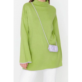 Kadın Moda Şık Tesettür Dik Yaka İspanyol Kol Midi lu Triko Kazak