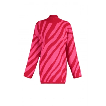 Kadın Moda Şık Tesettür Dik Yaka Düşük Kol Regular Pembe Animal Çizgi Desenli Triko Kazak