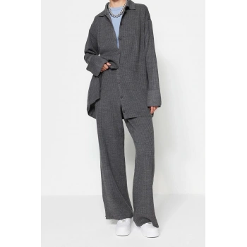 Kadın Moda Şık Geniş Paça Regular Boy Uzun Kollu Yırtmaç Detaylı Hırka-Pantolon Triko Takım