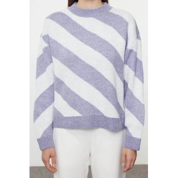 Kadın Moda Şık Tesettür Bisiklet Yaka Düşük Kol Uzun Çizgili Triko Kazak