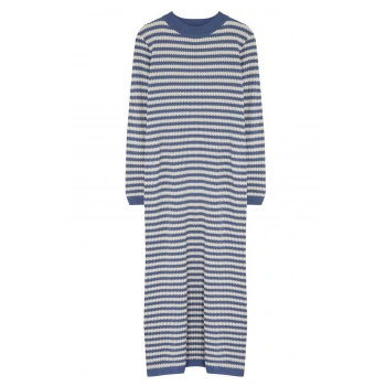 Kadın Moda Şık Tesettür Maxi Boy Bisiklet Yaka Fitted Taş Çizgili Uzun Triko Elbise