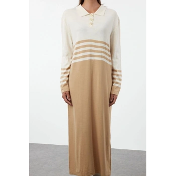 Kadın Moda Şık Tesettür Maxi Boy Polo Yaka Relaxed Taş Renk Bloklu Triko Elbise