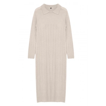 Kadın Moda Şık Tesettür Maxi Boy Polo Yaka Regular Balık Sırtı Desenli Triko Elbise