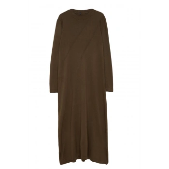 Kadın Moda Şık Tesettür Maxi Boy Bisiklet Yaka Fitted Nervür Detaylı Triko Elbise