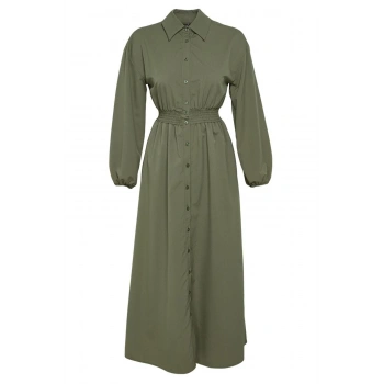 Kadın Moda Şık Tesettür Uzun Hakim Yaka Regular Beli Lastikli Dokuma Elbise