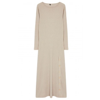 Kadın Moda Şık Tesettür Maxi Boy Bisiklet Yaka Fitted Düğme Detaylı Fitilli Örme Elbise