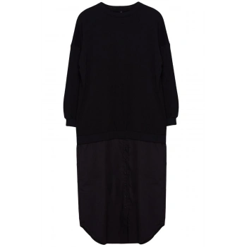 Kadın Moda Şık Tesettür Maxi Boy Bisiklet Yaka Regular Dokuma Gömlek Detaylı Örme Elbise