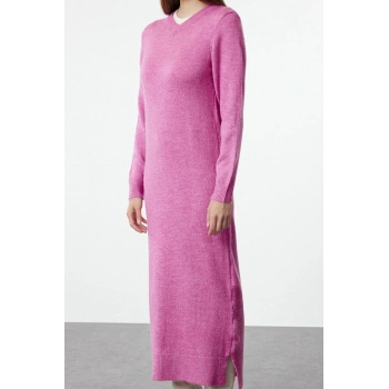 Kadın Moda Şık Tesettür Maxi Boy V Yaka Oversize Yumuşak Dokulu Triko Elbise