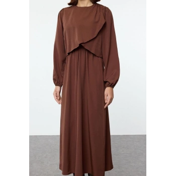 Kadın Moda Şık Tesettür Uzun Bisiklet Yaka Fitted Peplum Detaylı Dokuma Elbise