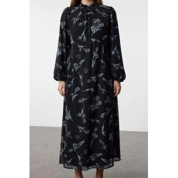 Kadın Moda Şık Tesettür Maxi Boy Dik Yaka Regular Şifon Çiçek Desenli Dokuma Elbise