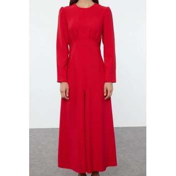 Kadın Moda Şık Tesettür Maxi Boy Bisiklet Yaka Fitted Dokuma Elbise