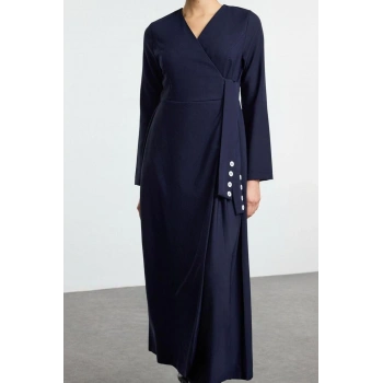 Kadın Moda Tesettür Maxi Boy Ceket Yaka Regular Kruvaze Yaka Yandan Bağlama Detaylı Dokuma Elbise