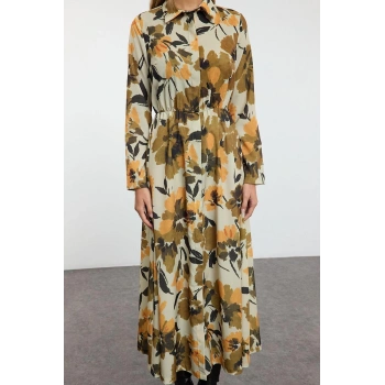 Kadın Moda Şık Tesettür Maxi Boy Gömlek Yaka Regular Çiçek Desenli Piliseli Dokuma Elbise