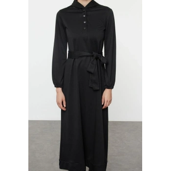 Kadın Moda Şık Tesettür Maxi Boy Kapüşonlu Oversize Normal Kalıp Örme Elbise