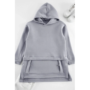 Kadın Tesettür Moda Şık Regular Kapüşonlu Düşük Kol Uzun Cep Detaylı Örme Sweatshirt