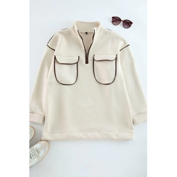 Kadın Tesettür Moda Şık Oversize Dik Yaka Standart Kol Uzun Fermuar ve Cep Detaylı Sweatshirt