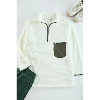 Kadın Tesettür Moda Şık Relaxed Dik Yaka Standart Kol Uzun Fermuar Yaka Cep Detaylı Peluş Sweatshirt