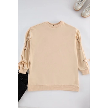 Kadın Tesettür Moda Şık Oversize Bisiklet Yaka Düşük Kol Uzun Bağcık Detaylı Sweatshirt