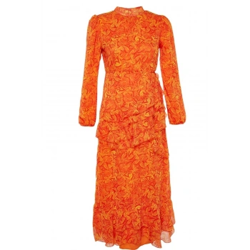 Kadın Tesettür Maxi Boy Bisiklet Yaka Regular Çiçekli Eteği Fırfırlı Astarlı Dokuma Şifon Elbise