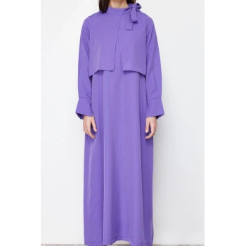 Kadın Moda Şık Tesettür Maxi Boy Boyundan Bağlamalı Regular Yakası Bağlama Detaylı Dokuma Elbise