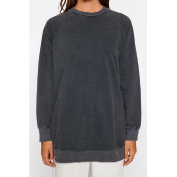 Kadın Tesettür Moda Şık Regular Bisiklet Yaka Standart Kol Regular Yıkamalı Örme Sweatshirt