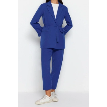 Kadın Moda Şık Geniş Paça Bağlama Detaylı Astarlı Krep Ceket-Pantolon Dokuma Alt-Üst Takım