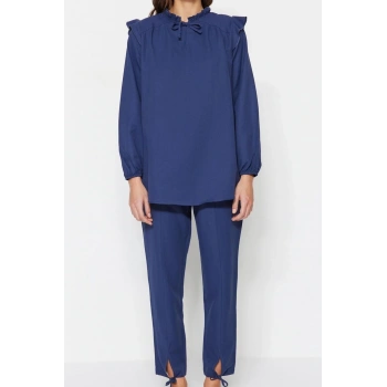 Kadın Moda Şık Lastikli Paça Regular Boy Uzun Kollu Denim Görünümlü Tunik-Pantolon Takım