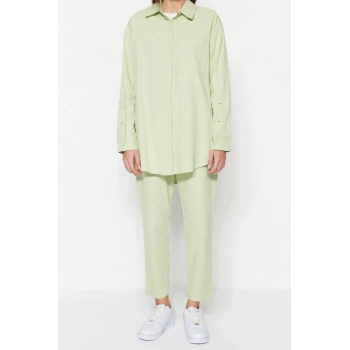 Kadın Moda Şık Boru Paça Regular Boy Uzun Kollu Dokuma Pamuklu Gömlek-Pantolon Takım