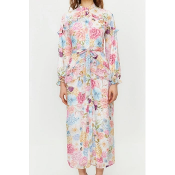 Kadın Moda Şık Tesettür Maxi Boy Dik Yaka Regular Çiçekli Fırfır Detaylı Astarlı Dokuma Şifon Elbise