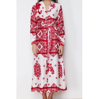 Kadın Moda Şık Tesettür Maxi Boy Gömlek Yaka Regular Dokuma Saten Desenli Gömlek Abiye Elbise