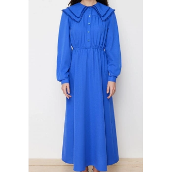 Kadın Moda Şık Tesettür Maxi Boy Bebe Yaka Regular lı Keten Görünümlü Dokuma Elbise