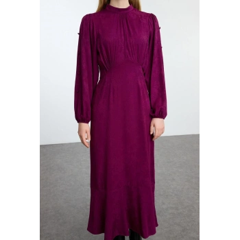 Kadın Moda Şık Tesettür Maxi Boy Bisiklet Yaka Regular Jakarlı Çiçekli Dokuma Elbise