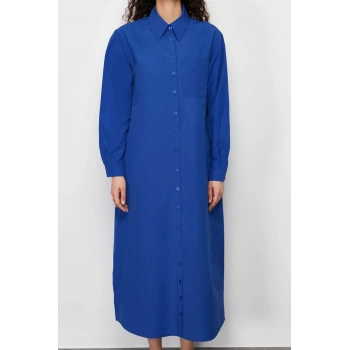 Kadın Moda Şık Tesettür Maxi Boy Gömlek Yaka Regular Düz Dokuma Gömlek Elbise