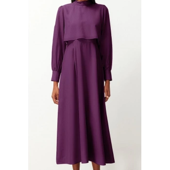 Kadın Moda Şık Tesettür Maxi Boy Dik Yaka Regular Aller Parça Detaylı Dokuma Elbise