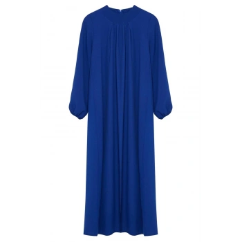 Kadın Moda Şık Tesettür Maxi Boy Bisiklet Yaka Relaxed Rahat Kesim Balon Kollu Aerobin Dokuma Elbise