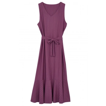 Kadın Moda Şık Tesettür Uzun V Yaka Relaxed Çizgili Dokuma Jile Elbise