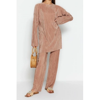 Kadın Moda Şık Regular Boy Truvakar Kollu Kendinden Piliseli Dokuma Alt-Üst Takım