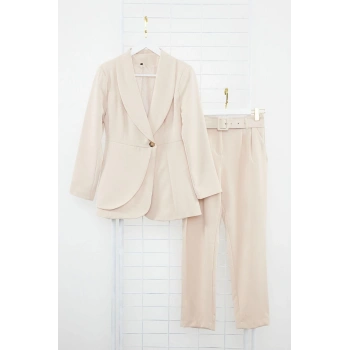 Kadın Moda Şık Regular Boy Uzun Kollu Kemerli Krep Astarlı Ceket Pantolon Dokuma Alt Üst Takım