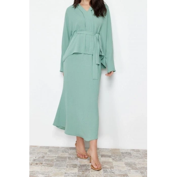 Kadın Moda Şık Regular Boy Uzun Kollu Bağlama Detaylı Dokuma Aerobin Alt Üst Takım