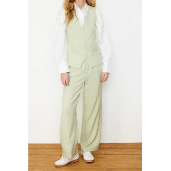 Kadın Moda Şık Geniş Paça Regular Boy Kolsuz Keten Görünümlü Şık Yelek Pantolon Dokuma Alt Üst Takım
