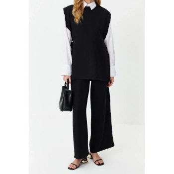 Kadın Moda Şık Geniş Paça Regular Boy Keten Görünümlü Yandan Bağlamalı Dokuma Alt Üst Takım