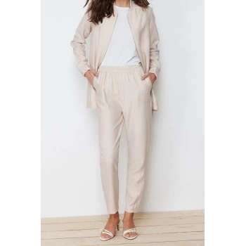 Kadın Moda Şık Regular Boy Uzun Kollu Keten Görünümlü Dokuma Pantolon Tunik Alt Üst Takım