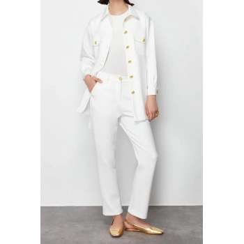 Kadın Moda Şık Regular Uzun Boy Uzun Kollu Gold Düğme Detaylı Dalgıç Scuba Örme Alt-Üst Takım