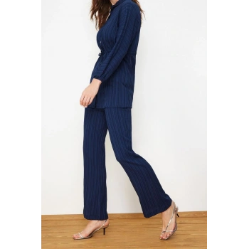 Kadın Moda Şık Regular Boy Uzun Kollu Krinkıl Gömlek Pantolon Dokuma Alt Üst Takım